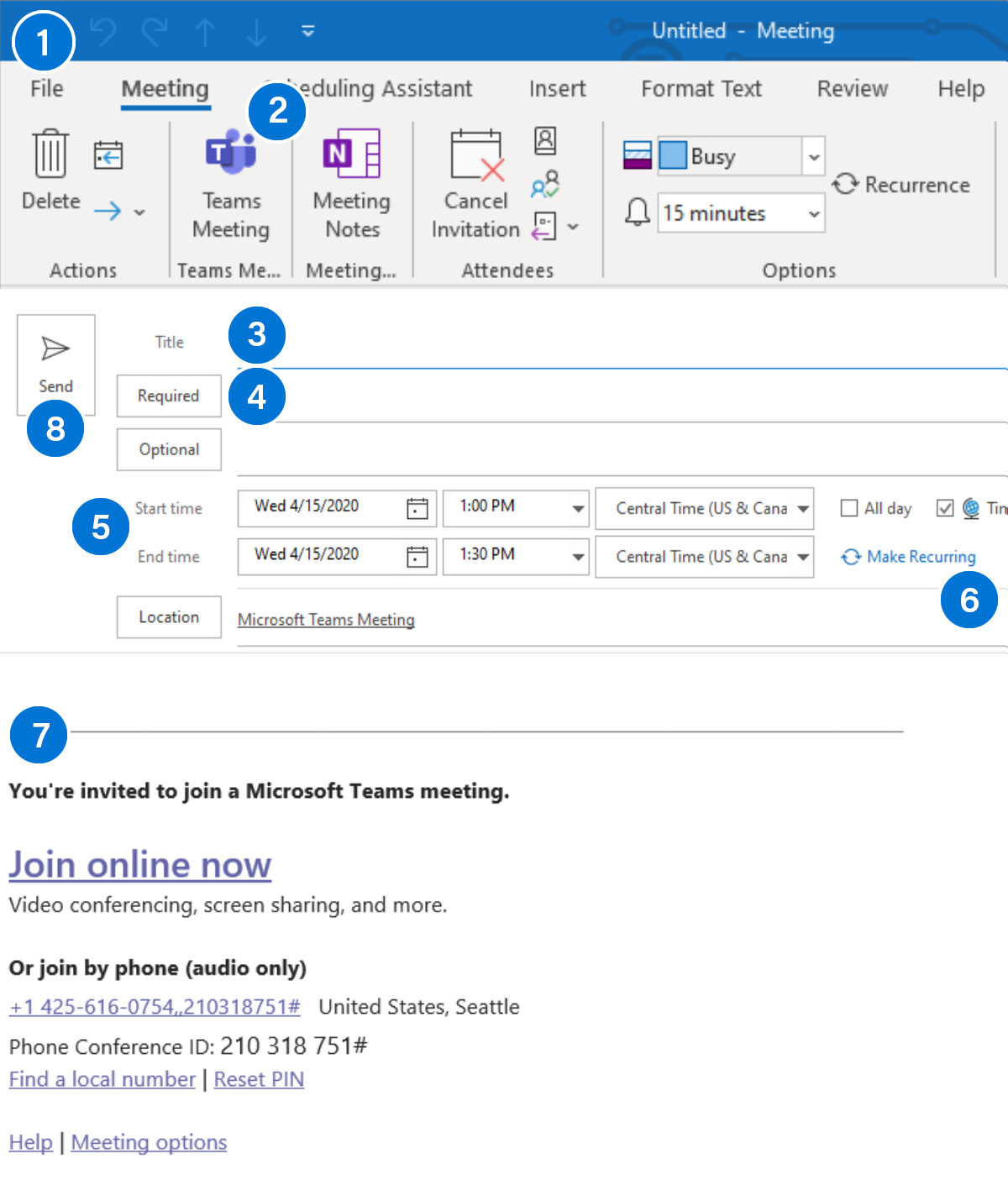 Creating a meeting invite in Outlook screenshot