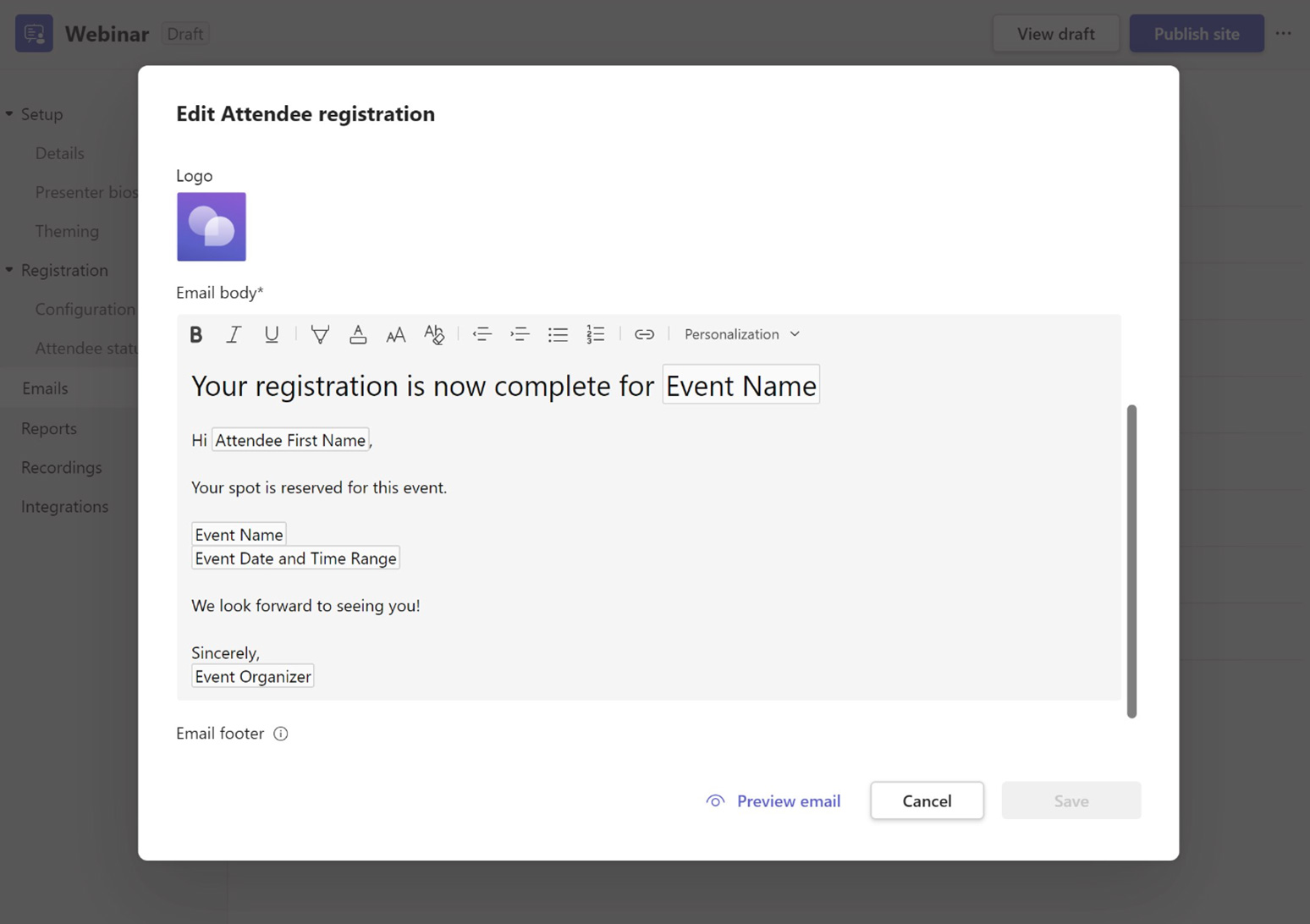 Editing email invitation templates screenshot 2