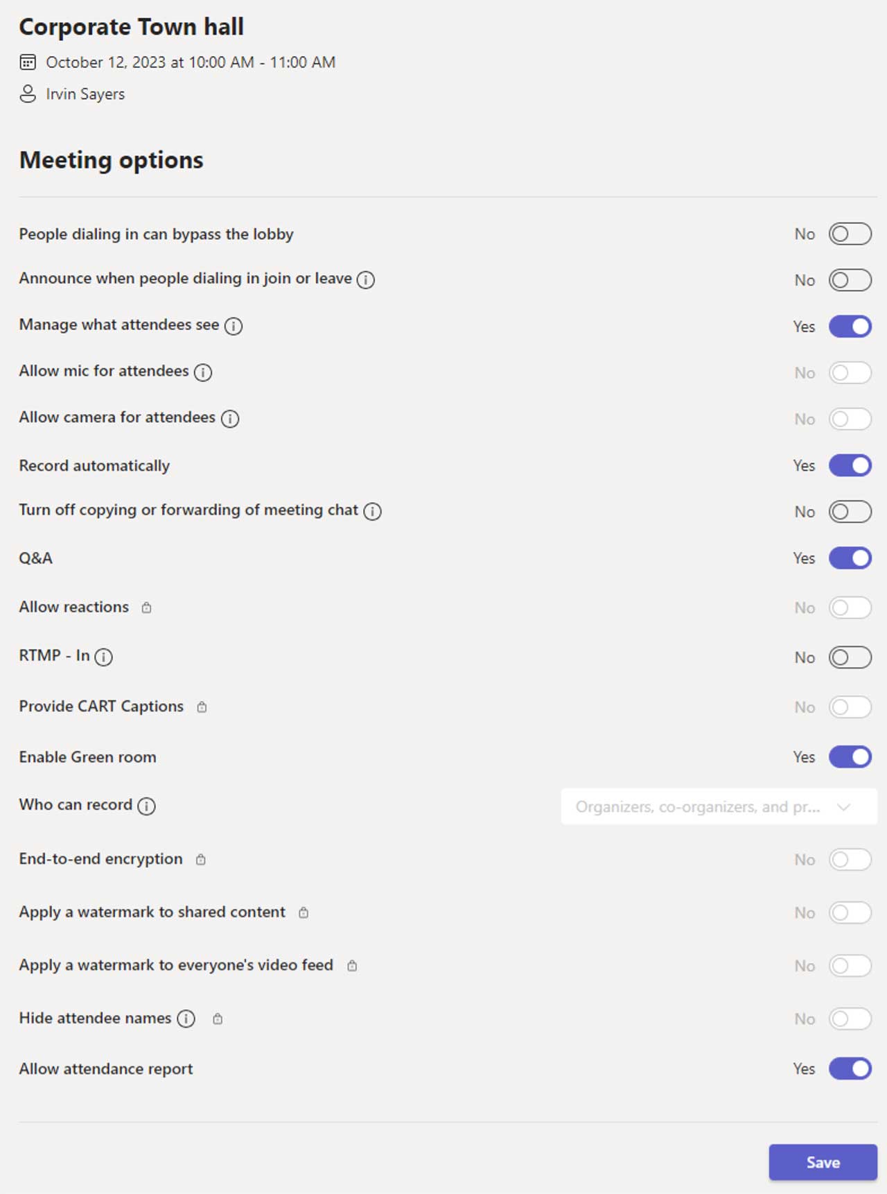 Meeting options screenshot