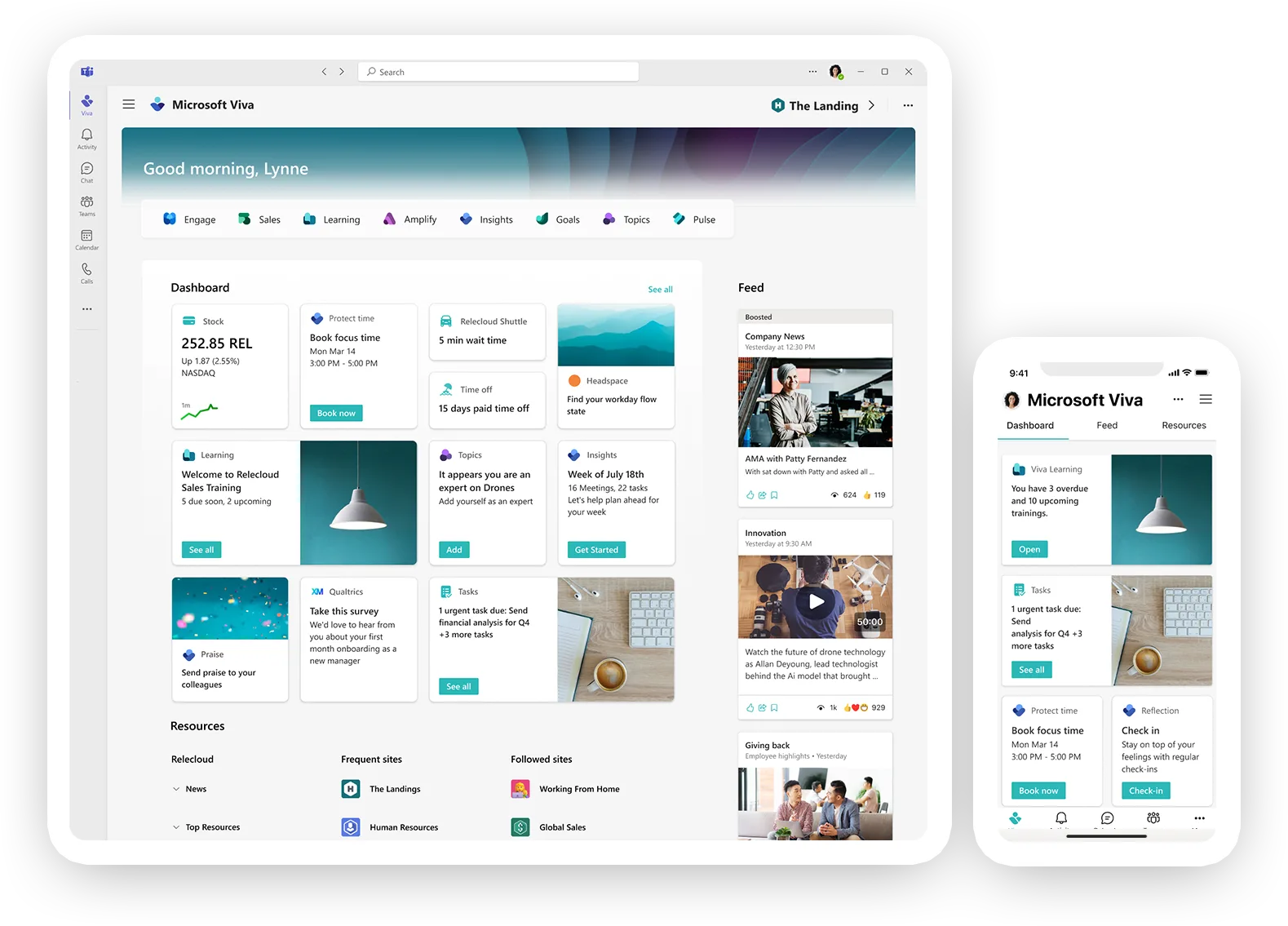 Screenshots of Microsoft Viva Connections in desktop and mobile
