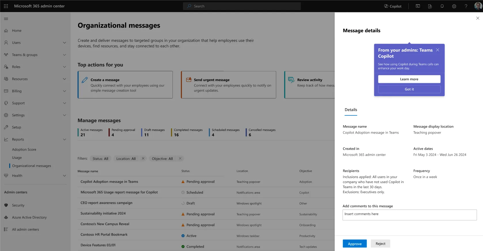 Organizational messages - Manage